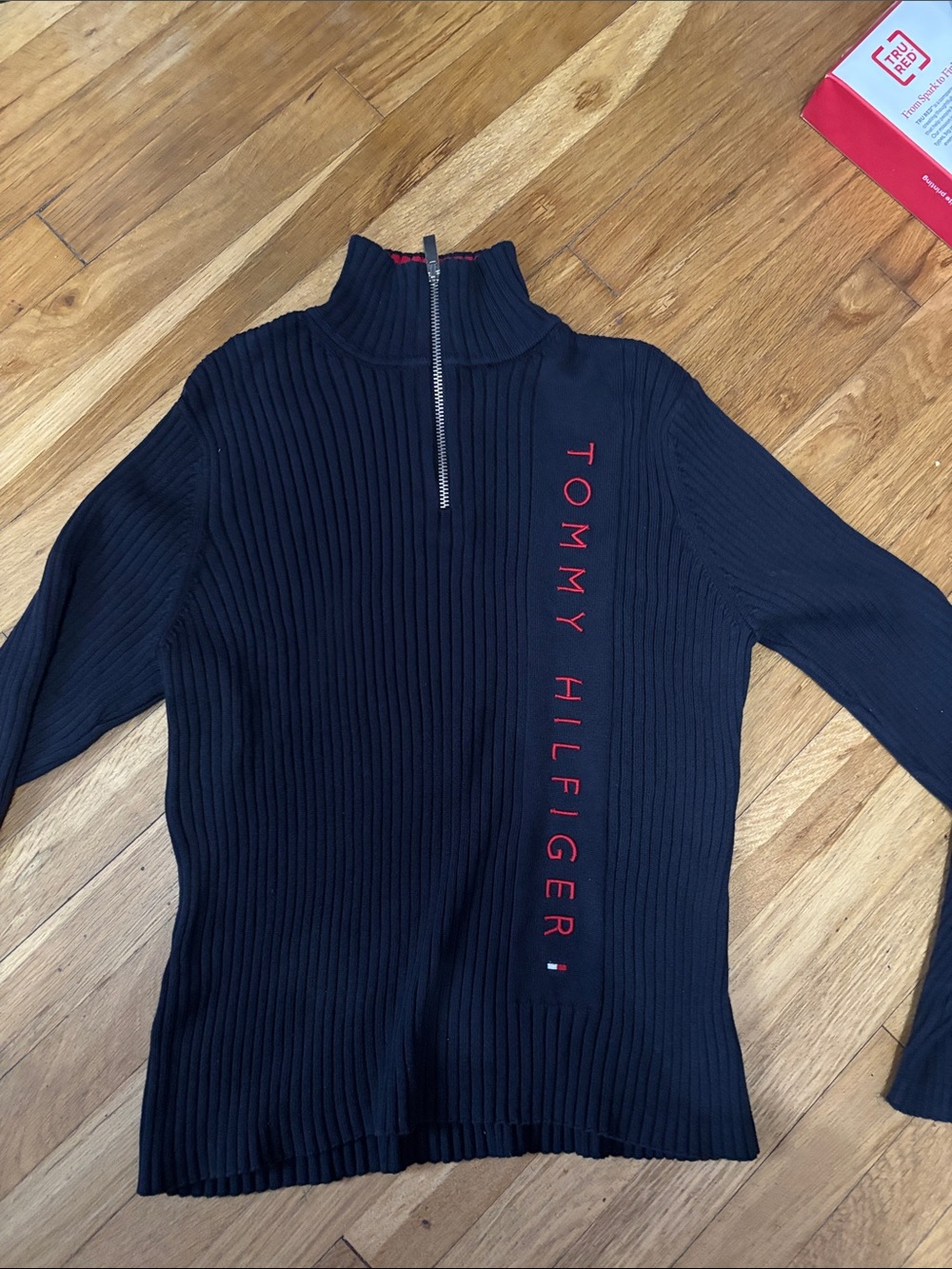 Tommy Hilfiger Black Ribbed Half-Zip Pullover with Red Logo Navy Blue